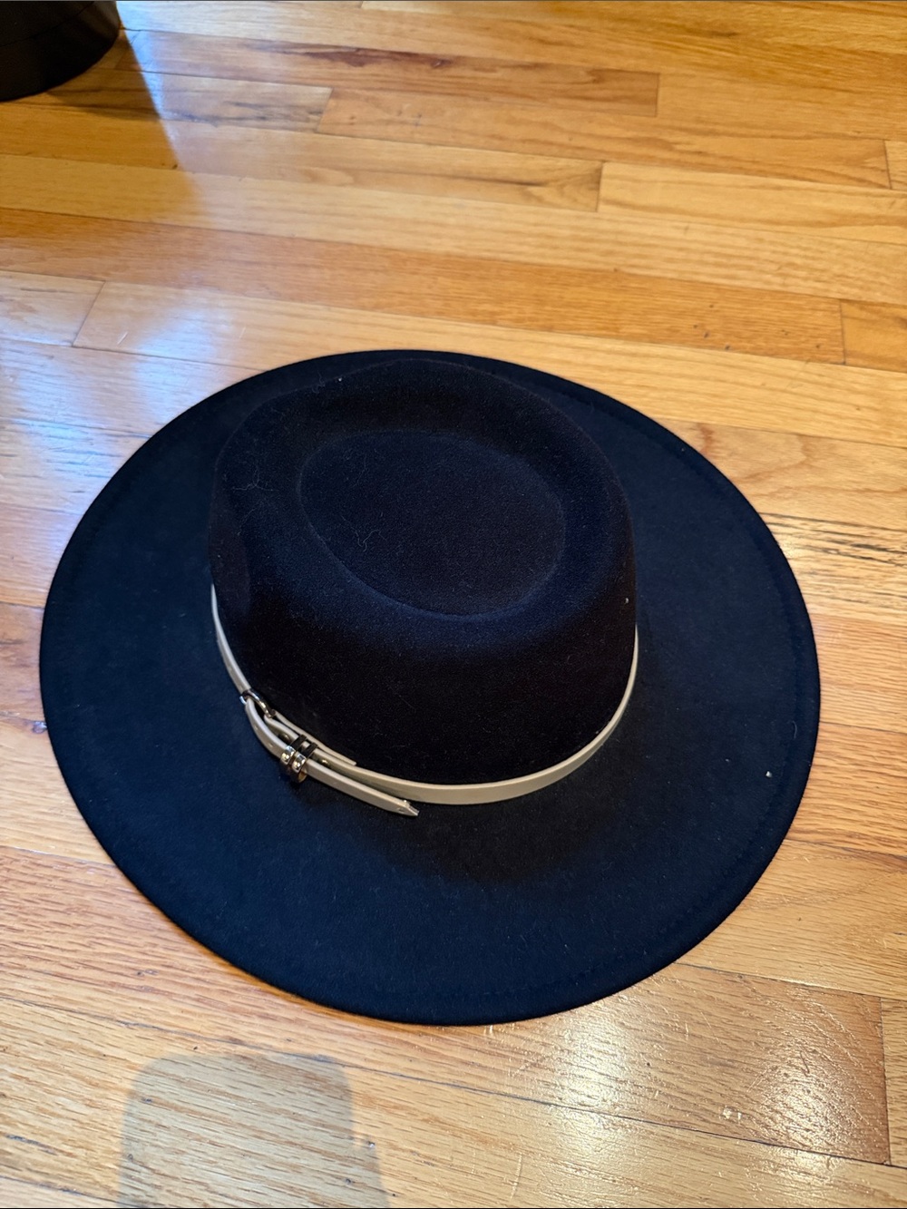 Black Wide-Brim Felt Hat with Taupe Band